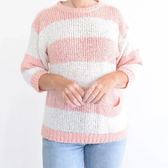 Vintage Sam & Max Pink & White Block Stripes Knit Crewneck Pullover Sweater S - Picture 2 of 9